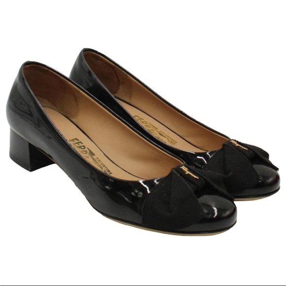 Salvatore Ferragamo Shoes - Salvatore Ferragamo Black Patent Vera Bow Shoes Size 9 1” heel MSRP $895
